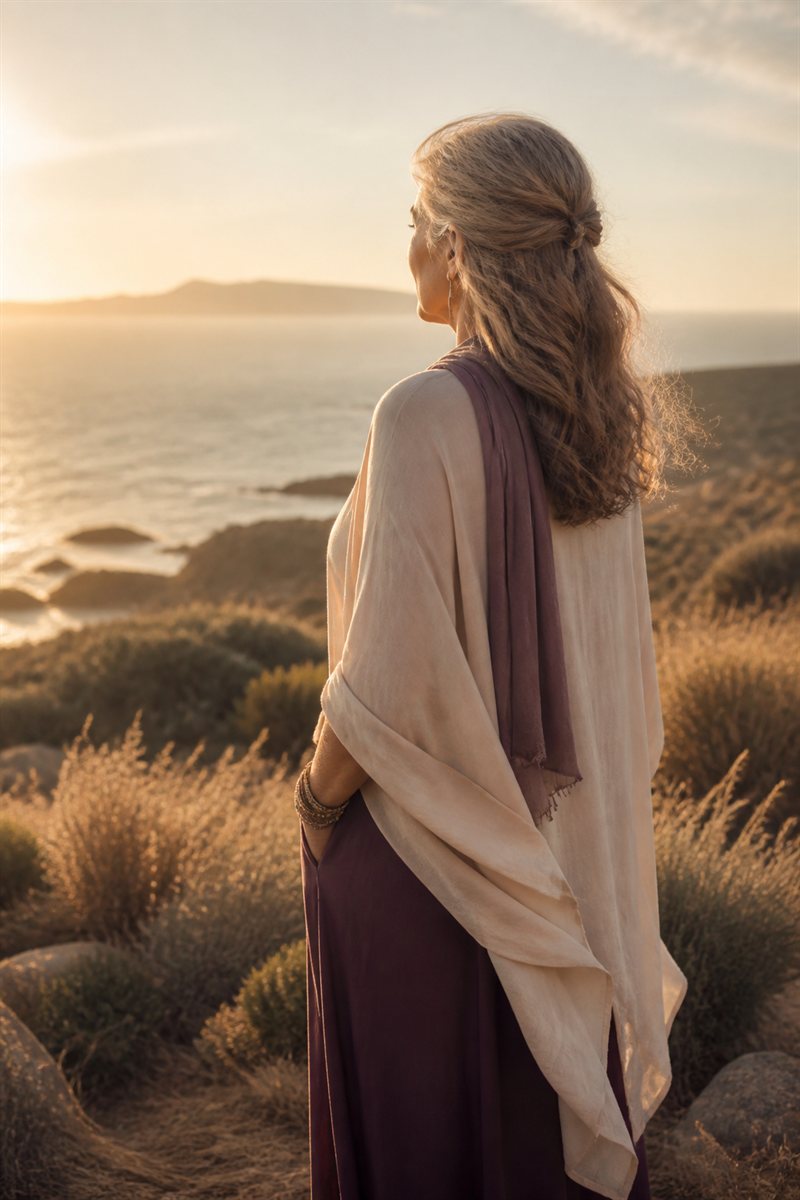 A woman standing on a coastal bluff at sunset, looking out toward the horizon